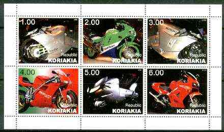 Koriakia Republic 1999 Motorbikes perf sheetlet containing set of 6 values unmounted mint, stamps on , stamps on  stamps on motorbikes