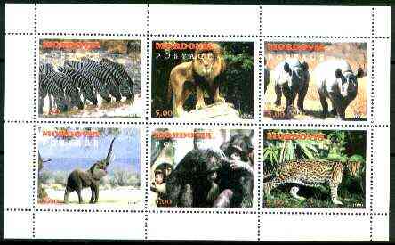 Mordovia Republic 1999 Wild Animals perf sheetlet containing set of 6 values unmounted mint, stamps on , stamps on  stamps on animals, stamps on zebra, stamps on lions, stamps on cats, stamps on rhino, stamps on elephants, stamps on apes