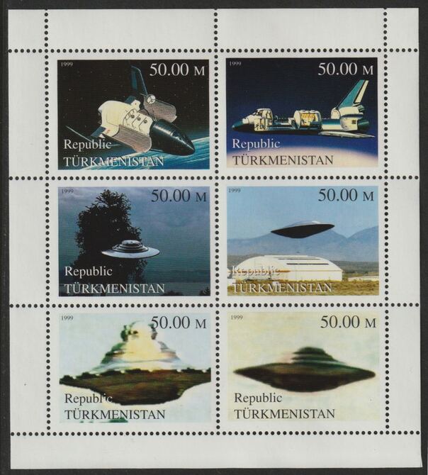 Turkmenistan 1999 UFO's perf sheetlet containing set of 6 values unmounted mint, stamps on space, stamps on sci-fi, stamps on ufo's