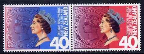 New Zealand 1988 Centenary of NZ Royal Philatelic Society se-tenant pair unmounted mint, SG 1448a, stamps on , stamps on  stamps on stamp centenary, stamps on stamp on stamp, stamps on  stamps on stamponstamp