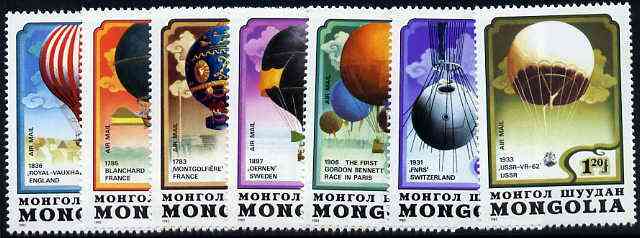 Mongolia 1982 Bicentenary of Manned Flight (Balloons) complete set of 7, unmounted mint SG 1494-1500*, stamps on , stamps on  stamps on aviation, stamps on balloons