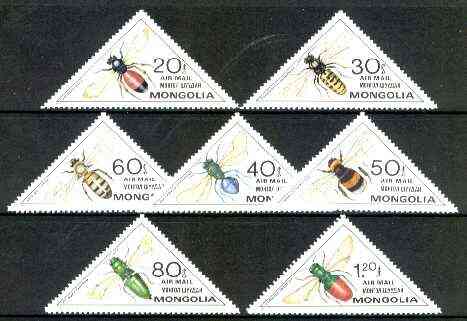 Mongolia 1980 Wasps & Bees complete triangular set of 7, unmounted mint SG 1258-64, stamps on , stamps on  stamps on insects, stamps on bees, stamps on honey, stamps on triangulars