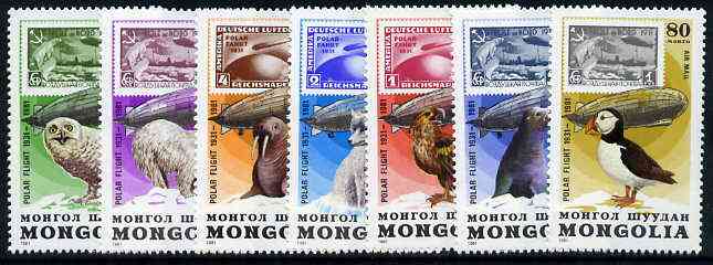 Mongolia 1981 50th Anniversary of Graf Zeppelin (Stamp on stamps showing Animals & Birds) perf set of 7, unmounted mint SG 1391-97*, stamps on , stamps on  stamps on stamp on stamp, stamps on animals, stamps on birds, stamps on birds of prey, stamps on airships, stamps on aviation, stamps on fox, stamps on walrus, stamps on bear, stamps on owls, stamps on puffin, stamps on sealion, stamps on eagle, stamps on dogs, stamps on zeppelins, stamps on  stamps on stamponstamp