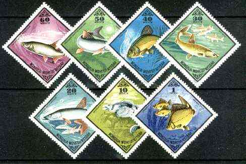 Mongolia 1975 Fishes complete diamond shaped set of 7, unmounted mint 933-39*, stamps on fish, stamps on diamond