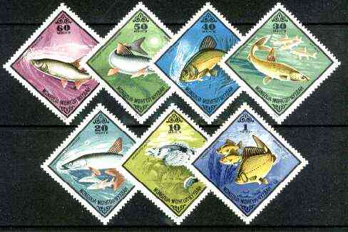 Mongolia 1975 Fishes complete diamond shaped set of 7, unmounted mint 933-39*, stamps on , stamps on  stamps on fish, stamps on diamond