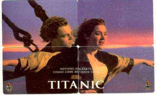 Telephone Card - Titanic set of 4 x 20 units phone cards forming a composite horizontal picture, Limited edition, stamps on , stamps on  stamps on films, stamps on cinema, stamps on entertainments, stamps on ships, stamps on titanic, stamps on disasters, stamps on shipwrecks