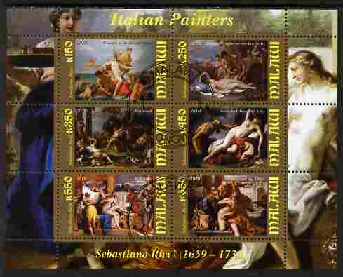 Malawi 2010 Art - Italian Painters - Ricci perf sheetlet containing 6 values fine cto used, stamps on arts, stamps on nudes, stamps on ricci