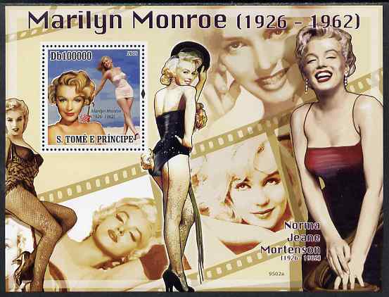 St Thomas & Prince Islands 2009 Marilyn Monroe perf s/sheet unmounted mint, stamps on , stamps on  stamps on personalities, stamps on  stamps on films, stamps on  stamps on cinema, stamps on  stamps on movies, stamps on  stamps on music, stamps on  stamps on marilyn, stamps on  stamps on monroe