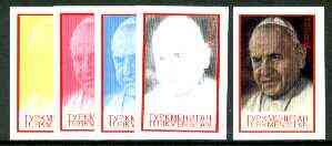 Turkmenistan 1999 Great People of the 20th Century - Pope John XXIII 120m value the set of 5 imperf progressive colour proofs comprising various colour combinations incl all 4 colours, a very scarce assembly, stamps on , stamps on  stamps on personalities, stamps on pope, stamps on religion, stamps on millennium