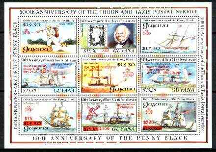 Guyana 1992 Anniversaries scarce opt in red on sheetlet of 9 (150th Anniversary of Penny Black and Thurn & Taxis Postal Anniversary - Mail Ships) unmounted mint, stamps on , stamps on  stamps on postal, stamps on transport, stamps on ships, stamps on postman, stamps on rowland hill, stamps on postman, stamps on stamp on stamp, stamps on columbus, stamps on  stamps on stamponstamp