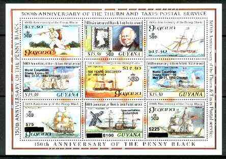 Guyana 1992 Anniversaries opt in black on sheetlet of 9 (150th Anniversary of Penny Black and Thurn & Taxis Postal Anniversary - Mail Ships) unmounted mint, stamps on , stamps on  stamps on postal, stamps on  stamps on transport, stamps on  stamps on ships, stamps on  stamps on postman, stamps on  stamps on rowland hill, stamps on  stamps on postman, stamps on  stamps on stamp on stamp, stamps on  stamps on columbus, stamps on  stamps on paddle steamers, stamps on  stamps on stamponstamp