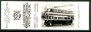 Match Box Labels -  Bryant & May bookmatch proof #2 showing black & white photo of Trolley Bus, produced around 1939 for Metro-Cammell-Weymann (very slight yellowing), stamps on buses, stamps on trams