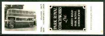 Match Box Labels -  Bryant & May bookmatch proof #3 showing black & white photo of Bus, produced around 1939 for Park Royal Coachworks (very slight yellowing), stamps on , stamps on  stamps on buses, stamps on trams