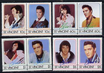 St Vincent 1985 Elvis Presley (Leaders of the World) set of 8 (4 se-tenant pairs) unmounted mint SG 919-26, stamps on , stamps on  stamps on music, stamps on  stamps on personalities, stamps on  stamps on elvis, stamps on  stamps on entertainments, stamps on  stamps on films, stamps on  stamps on cinema