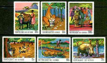 Guinea - Conakry 1968 Paintings of African Legends #2 perf set of 6 unmounted mint, SG 651-56, Mi 487-92*, stamps on arts, stamps on mythology, stamps on buffalo, stamps on crocodiles, stamps on hippo, stamps on lion