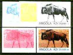 Angola 1999 Gnu (Wildebeest) 20,000k from Flora & Fauna def set, the set of 5 imperf progressive colour proofs comprising the four individual colours plus completed design (all 4-colour composite) 5 proofs unmounted mint, stamps on , stamps on  stamps on animals, stamps on gnu, stamps on wildebeest, stamps on bovine