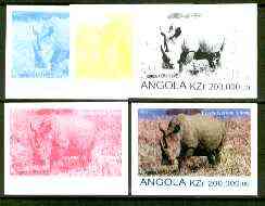 Angola 1999 Rhino 200,000k from Flora & Fauna def set, the set of 5 imperf progressive colour proofs comprising the four individual colours plus completed design (all 4-colour composite) 5 proofs unmounted mint, stamps on , stamps on  stamps on animals, stamps on rhino