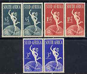 South Africa 1949 KG6 75th Anniversary of Universal Postal Union bi-lingual pairs set of 3 unmounted mint, SG 128-30, stamps on , stamps on  stamps on , stamps on  stamps on  upu , stamps on  stamps on  kg6 , stamps on  stamps on 