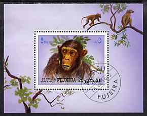 Fujeira 1972 5Rs mini sheet featuring chimpanzee fine cto used Mi BL 206A, stamps on , stamps on  stamps on animals, stamps on apes