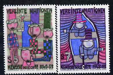 United Nations (Vienna) 1983 35th Anniversary of Human Rights set of 2 paintings unmounted mint SG V36-37, stamps on united nations, stamps on arts, stamps on human rights