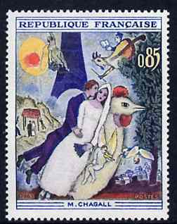 France 1963 painting by Chagall The Married Couple of the Eiffel Tower from set of 4 unmounted mint SG 1604, stamps on , stamps on  stamps on arts, stamps on chagall, stamps on  stamps on buildings, stamps on  stamps on monuments, stamps on  stamps on civil engineering, stamps on  stamps on judaica, stamps on  stamps on eiffel tower