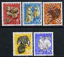 Switzerland 1965 Pro-Juventute set of 5 fauna unmounted mint SG J207-11, stamps on animals, stamps on deer, stamps on badgers, stamps on hares, stamps on hedgehogs, stamps on marmots