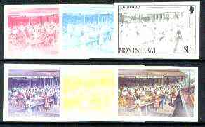 Montserrat 1986 Plymouth Market $1.50 (from Tourism set) set of 6 imperf progressive proofs comprising the 4 individual colours plus 2 & 3-colour composites, as SG 712, stamps on tourism, stamps on commerce