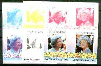 Montserrat 1985 Life & Times of HM Queen Mother 90c se-tenant pair, the set of 6 imperf progressive proofs comprising the 4 individual colours 2 and all 4-colour composites (completed design) as SG 638a, stamps on royalty, stamps on queen mother