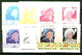 Montserrat 1985 Life & Times of HM Queen Mother $1.15 se-tenant pair, the set of 6 imperf progressive proofs comprising the 4 individual colours 2 and all 4-colour composites (completed design) as SG 640a, stamps on , stamps on  stamps on royalty, stamps on  stamps on queen mother