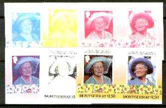 Montserrat 1985 Life & Times of HM Queen Mother $1.50 se-tenant pair, the set of 6 imperf progressive proofs comprising the 4 individual colours 2 and all 4-colour composites (completed design) as SG 642a, stamps on , stamps on  stamps on royalty, stamps on  stamps on queen mother