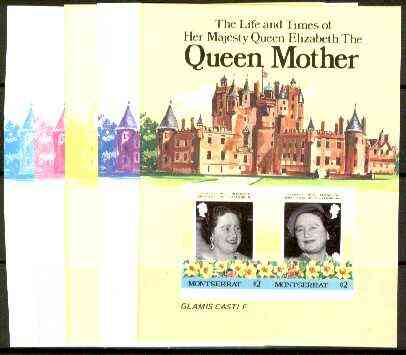 Montserrat 1985 Life & Times of HM Queen Mother (Glamis Castle) m/sheet, the set of 6 imperf progressive proofs comprising 2 individual colours 2 x 2 and all 4-colour composites (completed design) as SG MS 644, stamps on , stamps on  stamps on royalty, stamps on  stamps on queen mother, stamps on  stamps on castles