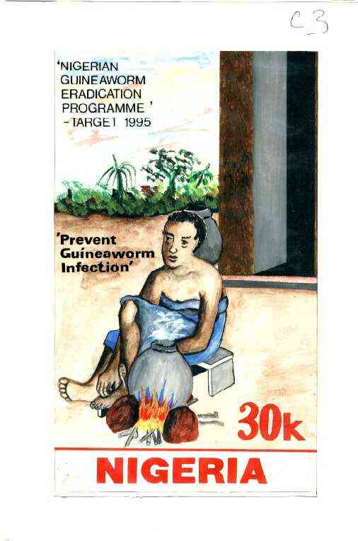Nigeria 1991 National Guineaworm Eradication Day - original hand-painted artwork for 30k value (showing boiling pot of water) by Clement O Ogbebor on card 130 x 220mm endorsed C3, stamps on , stamps on  stamps on medical, stamps on diseases