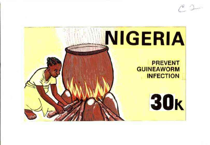 Nigeria 1991 National Guineaworm Eradication Day - original hand-painted artwork for 30k value (showing boiling pot of water) by Nojim A Lasisi on board 220 x 125mm endor..., stamps on medical, stamps on diseases