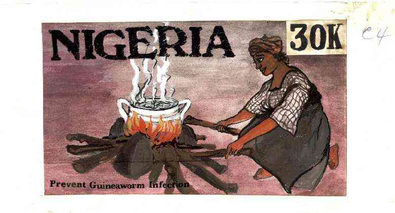 Nigeria 1991 National Guineaworm Eradication Day - original hand-painted artwork for 30k value (showing boiling pot of water) probably by Remi Adeyemi on board 210 x 120mm endorsed C4, stamps on medical, stamps on diseases