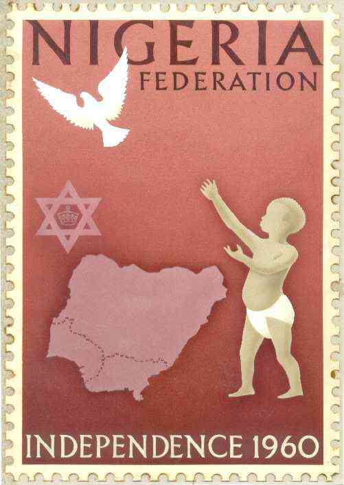 Nigeria 1960 Independence - original hand-painted artwork (undenominated) showing robed Child, dove, six-pointed star and map of Nigeria, possibly by M Goaman on card 150 x 230mm, stamps on , stamps on  stamps on judaism, stamps on maps, stamps on dove, stamps on judaica