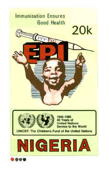 Nigeria 1986 UN's Children's Fund - original hand-painted artwork for 20k value (showing Child & Hyperdermic needle) similar to issued stamp on card 130 x 225mm endorsed B6, stamps on , stamps on  stamps on medical, stamps on diseases, stamps on vaccines, stamps on united nations