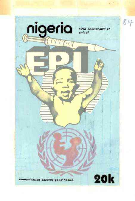 Nigeria 1986 UN's Children's Fund - original hand-painted artwork for 20k value (showing Child & Hyperdermic needle) by Francis Nwaije Isibor on card 120 x 220mm with overlay endorsed B4, stamps on , stamps on  stamps on medical, stamps on diseases, stamps on vaccines, stamps on united nations