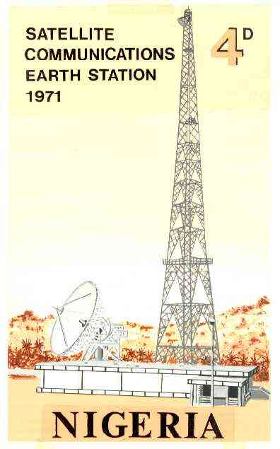 Nigeria 1971 Opening of Earth Satellite Station - original hand-painted artwork for 4d value (showing Mast & Dish Aerial virtually as issued stamp) by Austin Ogo Onwudimegwu on card 130 x 220mm, stamps on , stamps on  stamps on radio, stamps on  stamps on satellites, stamps on  stamps on communications