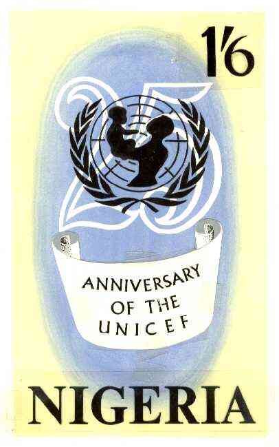 Nigeria 1971 25th Anniversary of UNICEF - original hand-painted artwork for 1s6d value (Symbol) by Austin Ogo Onwudimegwu on card 130 x 220mm, stamps on unicef, stamps on united-nations, stamps on children