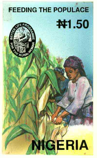 Nigeria 1992 National Centre for Women's Development - original hand-painted artwork for N1.50 value (Woman working in Corn field) by NSP&MCo Staff Artist Mrs A O Adeyeye on board 130 x 220 mm with overlay endorsed B5, stamps on women, stamps on corn, stamps on agriculture