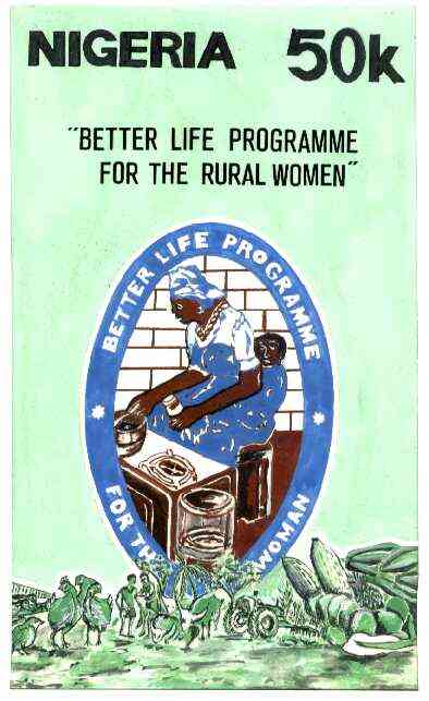Nigeria 1992 National Centre for Womens Development - original hand-painted artwork for 50k value (Centre emblem) by NSP&MCo Staff Artist Clement O Ogbebor on card 130 x ..., stamps on women, stamps on tractors