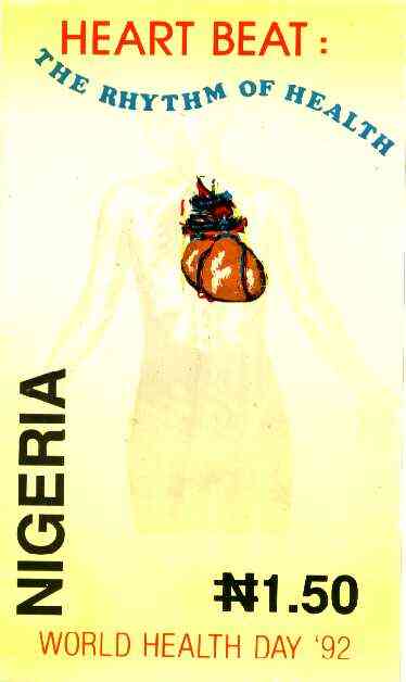 Nigeria 1992 World Health Day (Heart) - original hand-painted artwork for issued N1.50 value (Heart & Lungs) by unknown artist on card 130 x 220mm, stamps on medical, stamps on heart