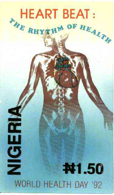 Nigeria 1992 World Health Day (Heart) - original hand-painted artwork for issued N1.50 value (Heart & Lungs) by unknown artist on card 130 x 220mm endorsed C3, stamps on medical, stamps on heart