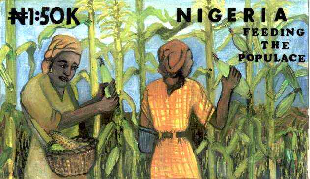 Nigeria 1992 National Centre for Women's Development - original hand-painted artwork for N1.50 value (Woman working in Corn field) by Remi Adeyemi on board 220 x 130mm  endorsed B2, stamps on , stamps on  stamps on women, stamps on corn, stamps on agriculture