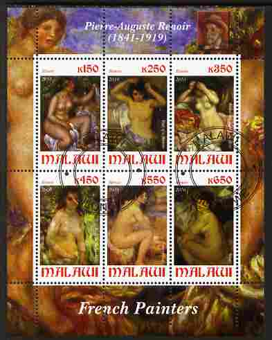 Malawi 2010 Art - French Painters - Renoir perf sheetlet containing 6 values fine cto used, stamps on arts, stamps on nudes, stamps on renoir