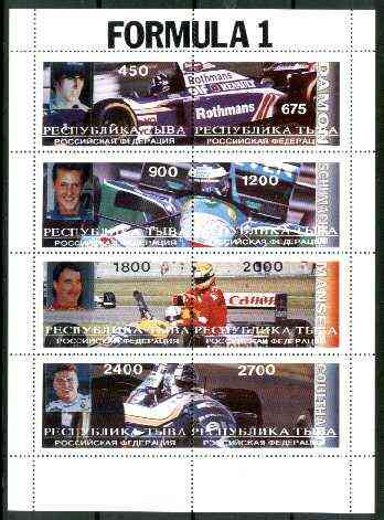 Touva 1996 Formula 1 Racing Cars perf sheetlet containing complete set of 8 values  (Hill, Schumacher, Mansell & Coulthard) unmounted mint. Note this item is privately produced and is offered purely on its thematic appeal, stamps on , stamps on  stamps on racing cars, stamps on  stamps on motor sport, stamps on  stamps on  f1 , stamps on  stamps on tobacco, stamps on  stamps on  oil , stamps on  stamps on cars, stamps on  stamps on scots, stamps on  stamps on scotland