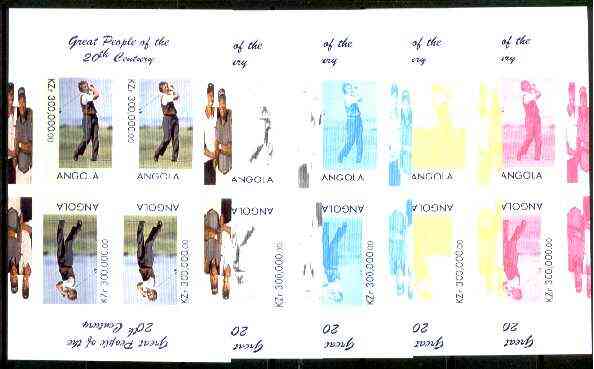 Angola 1999 Great People of the 20th Century - Aoki (Japanese Golfer) sheetlet of 4 (2 tete-beche pairs with the Tiger Woods in margin) the set of 5 imperf progressive colour proofs comprising various colour combinations incl all 4 colours unmounted mint, stamps on , stamps on  stamps on personalities, stamps on golf, stamps on millennium