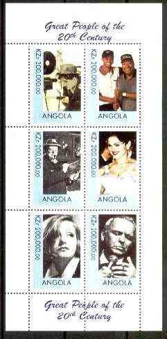 Angola 1999 Great People of the 20th Century - perf sheetlet of six (Chaplin, Tiger Woods, Churchill, Madonna, Greta Garbo & Frank Sinatra) unmounted mint, stamps on personalities, stamps on golf, stamps on films, stamps on cinema, stamps on entertainments, stamps on music, stamps on churchill, stamps on sinatra, stamps on millennium, stamps on comedy, stamps on chaplin