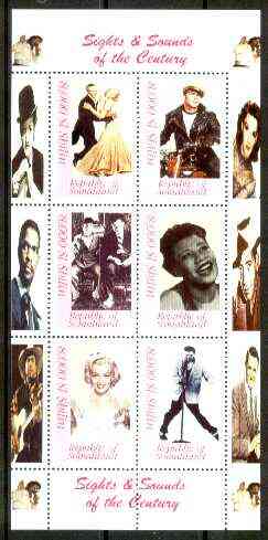 Somaliland 1999 Sights & Sounds of the Century - perf sheetlet of six (Fred & Ginger, Brando on Motorbike, Laurel & Hardy, Ella, Marilyn & Elvis) unmounted mint, stamps on , stamps on  stamps on personalities, stamps on motorbikes, stamps on films, stamps on cinema, stamps on entertainments, stamps on music, stamps on elvis, stamps on marilyn monroe, stamps on jazz