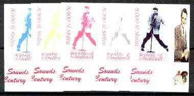 Somaliland 1999 Elvis from Sights & Sounds of the Century - set of 5 imperf progressive colour proofs comprising various colour combinations incl all 4 colours unmounted ..., stamps on personalities, stamps on films, stamps on cinema, stamps on entertainments, stamps on music, stamps on elvis